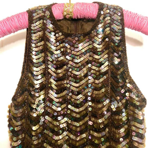 Sequined Silk Tank Top Brown Iridescent Beaded M - Picture 2 of 11
